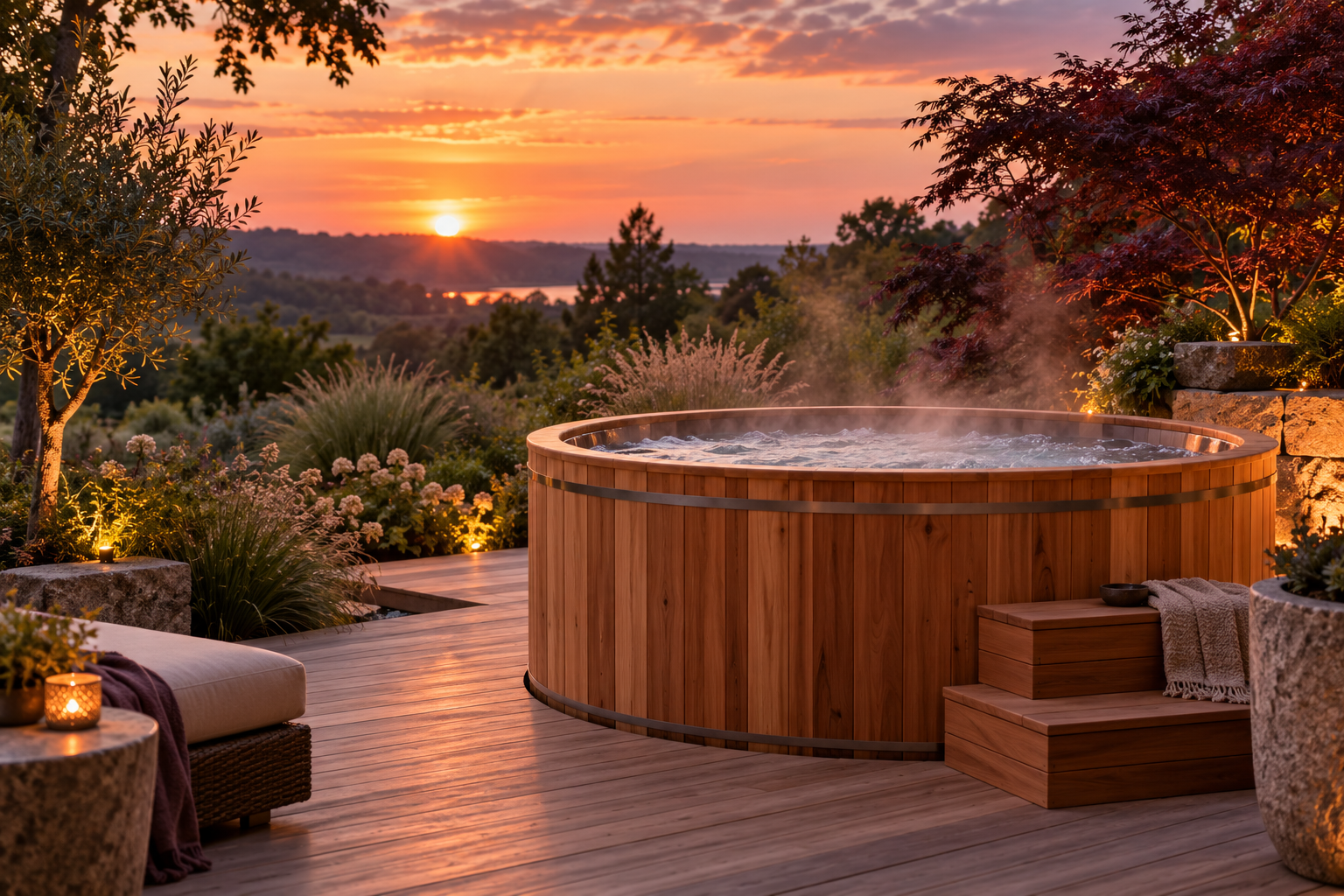 Warme houten hottub met zachte stoom in een tuin bij zonsondergang